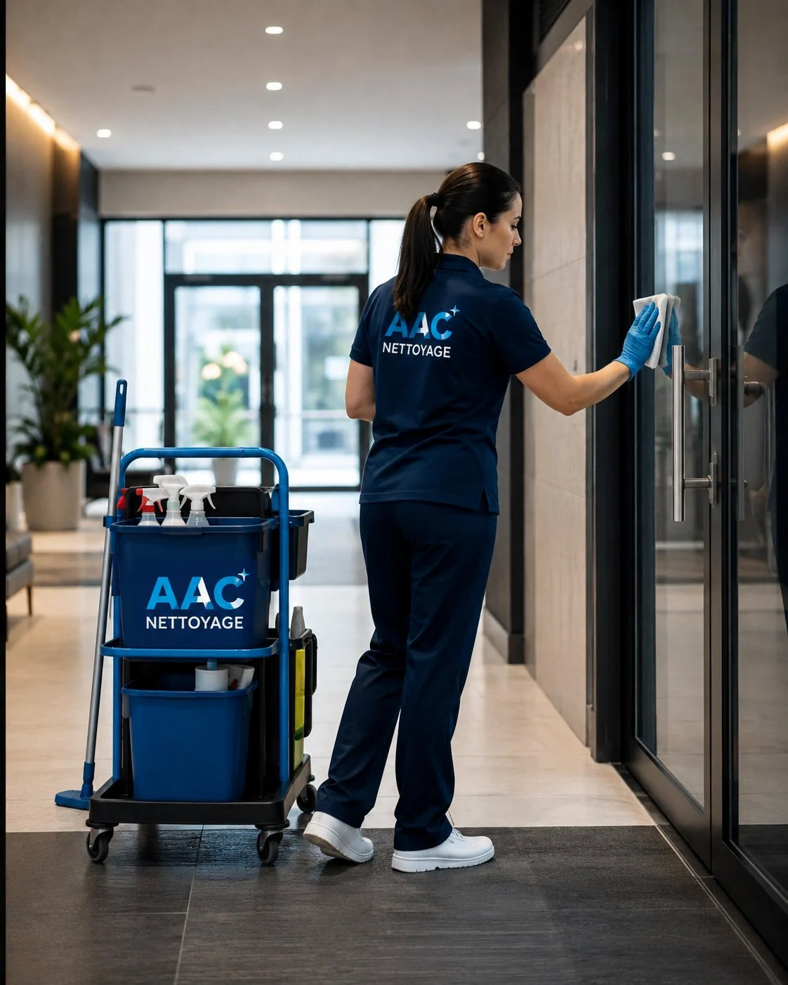 Employée AAC Nettoyage avec son chariot dans un hall d'entrée d'immeuble, nettoyant une porte vitrée