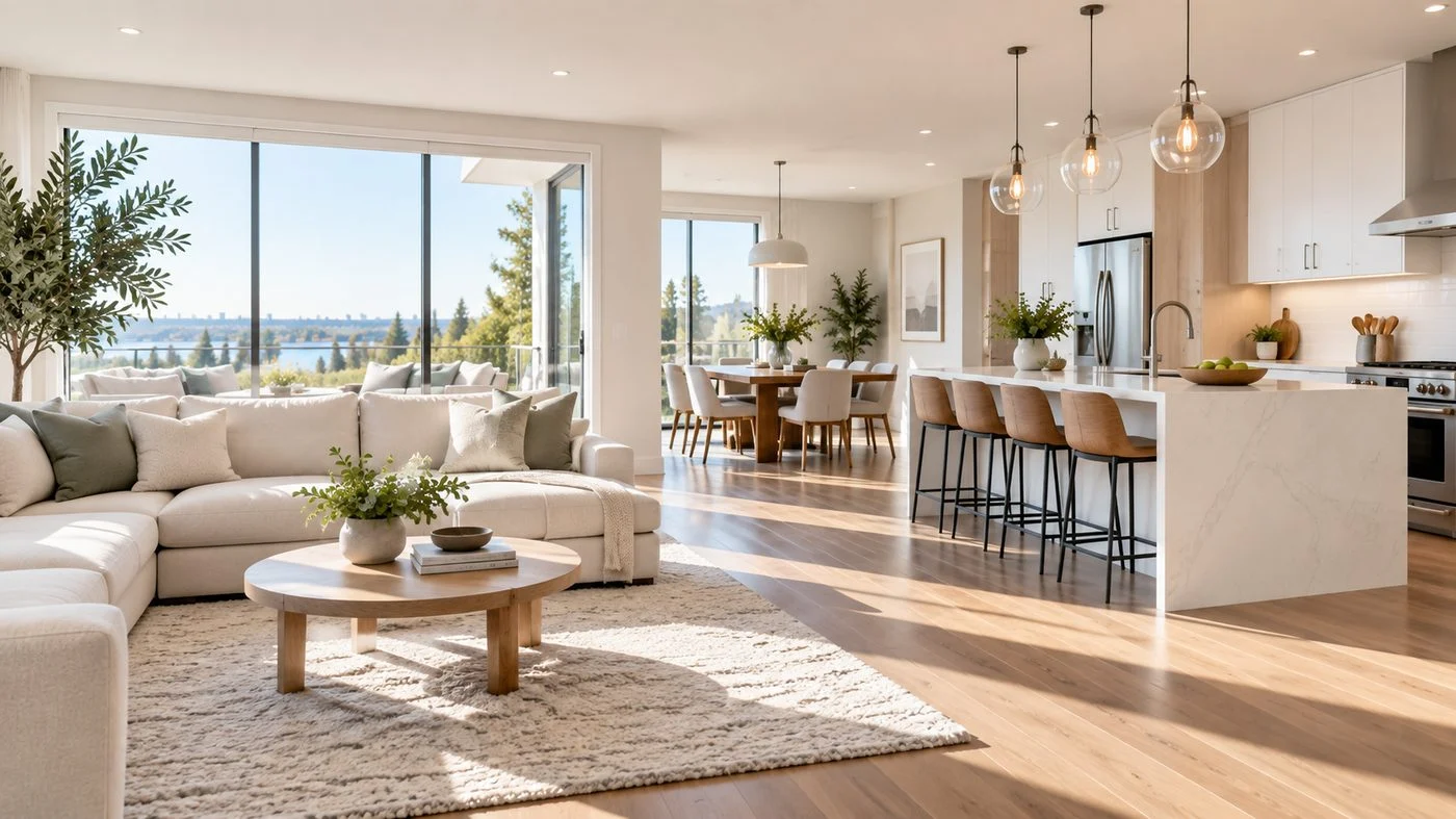 Salon et cuisine modernes, lumineux et impeccablement entretenus, avec vue sur l'eau